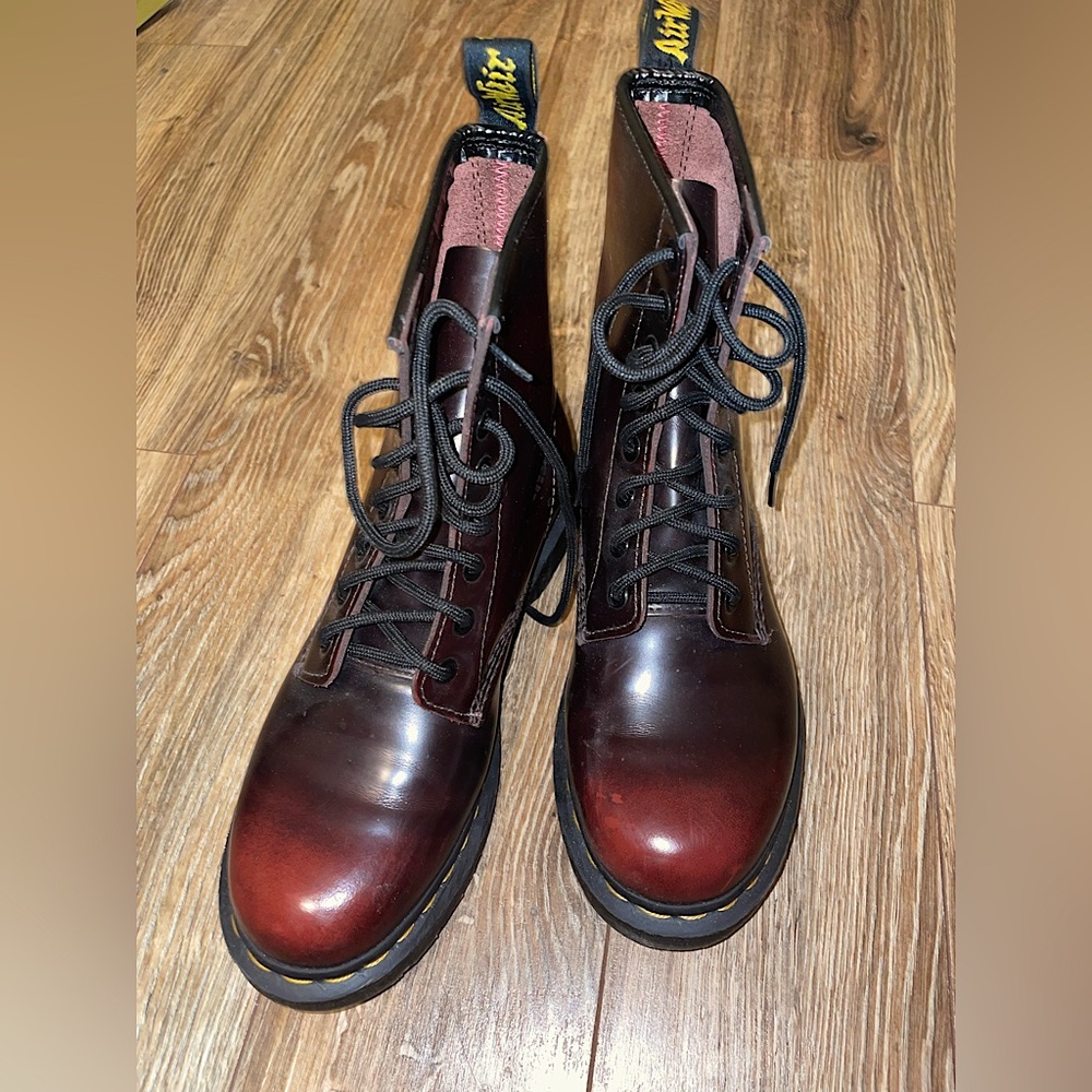 black and maroon doc martens combat boots